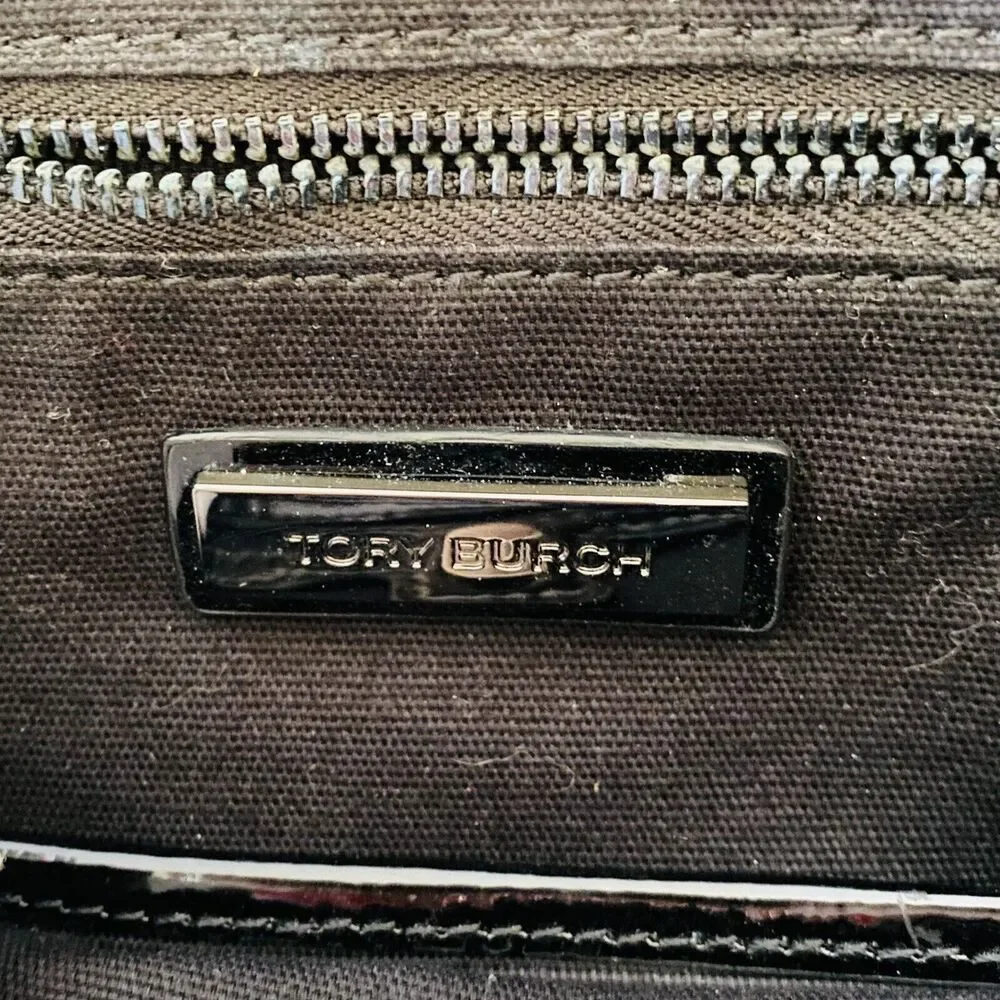 TORY BURCH Blue Black Stripe Patent Leather Shoulder Bag